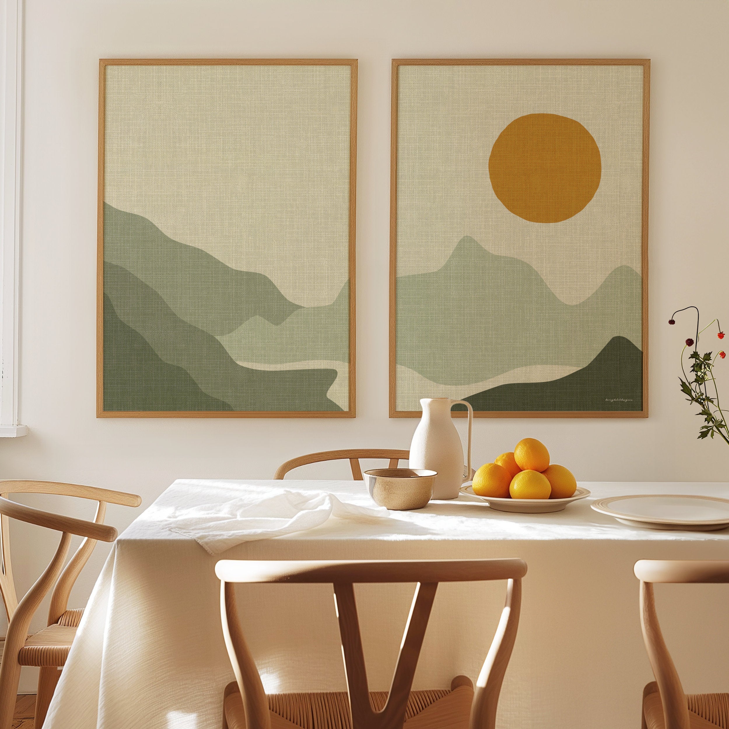 Tweeluik Linnen Look Poster: Bergen, Bergmeer en Zonsondergang