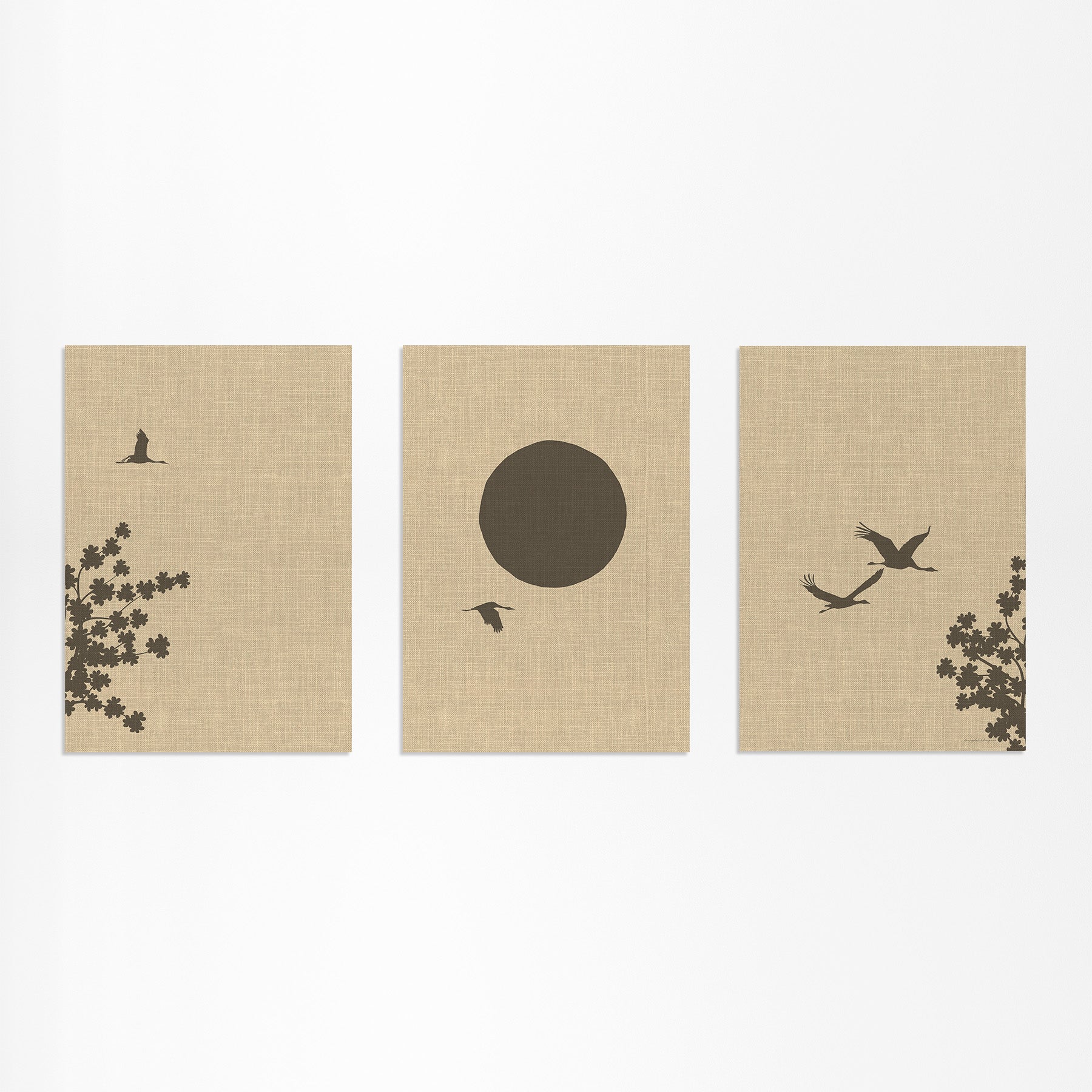 Linnen Look Japanse Lente: Kraanvogels en Bloesemboom Drieluik Poster