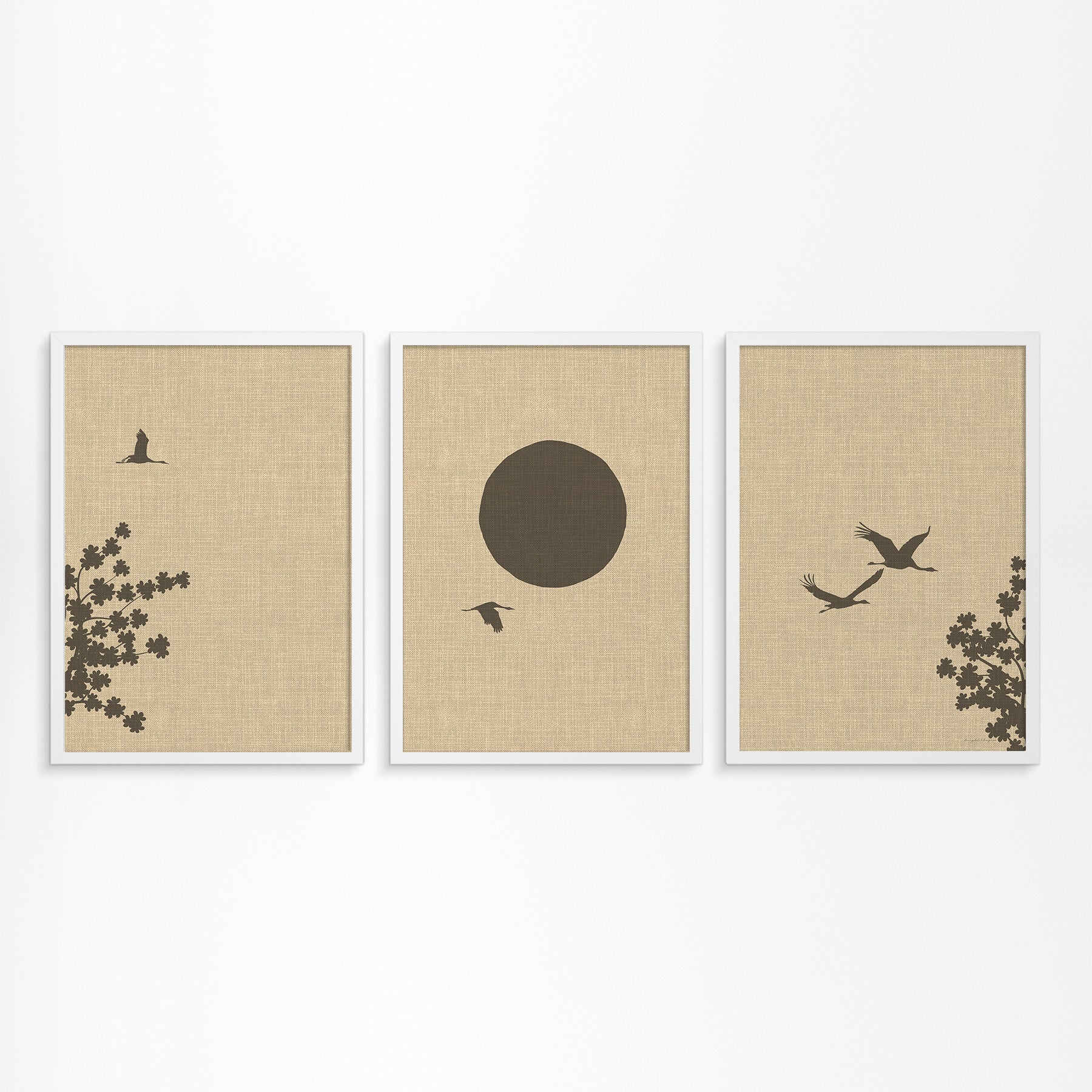 Linnen Look Japanse Lente: Kraanvogels en Bloesemboom Drieluik Poster