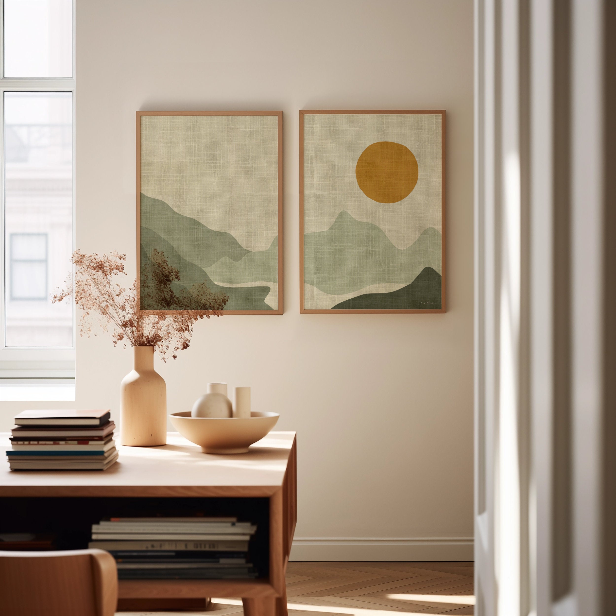 Tweeluik Linnen Look Poster: Bergen, Bergmeer en Zonsondergang