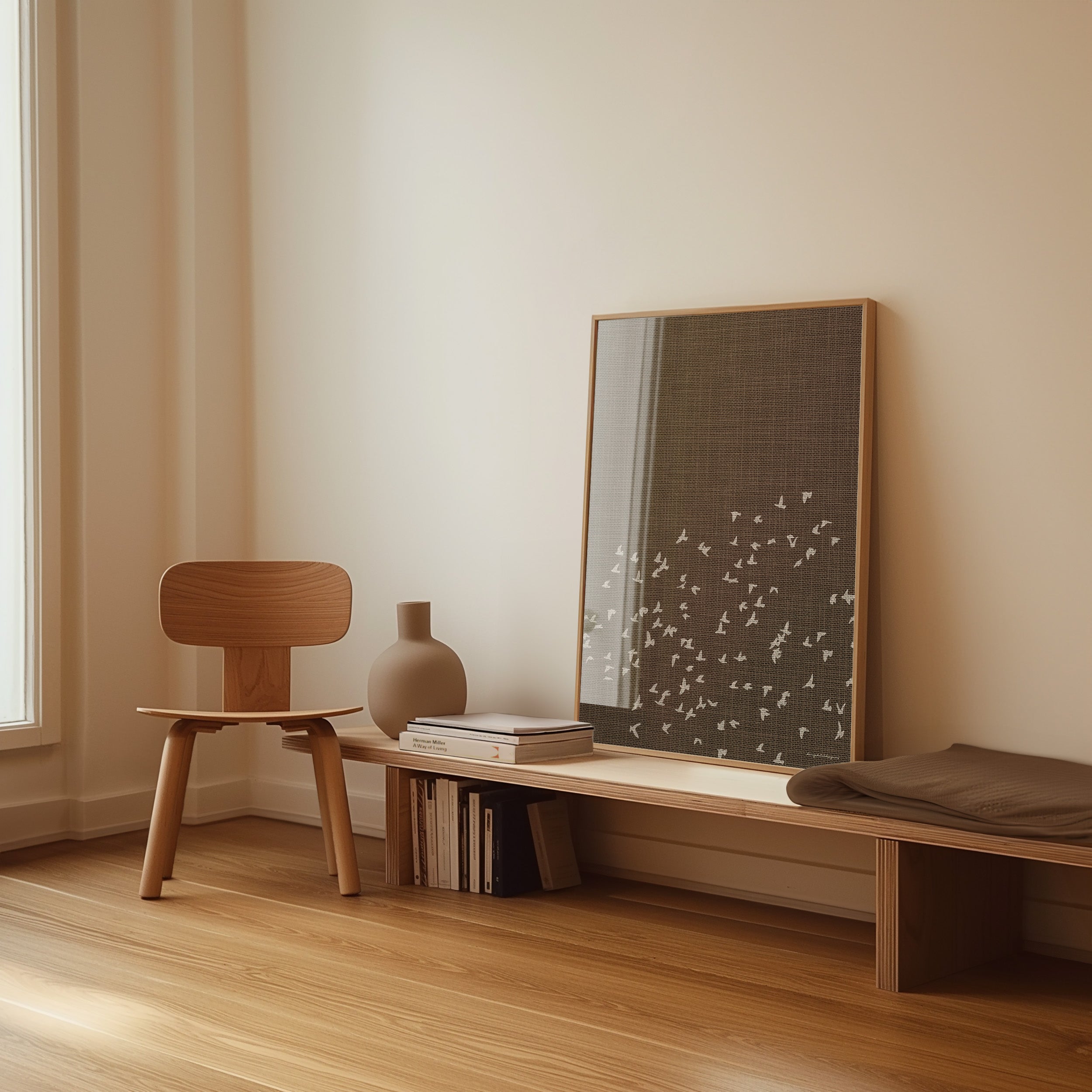 Japandi interieur met poster in de trendkleur bruin