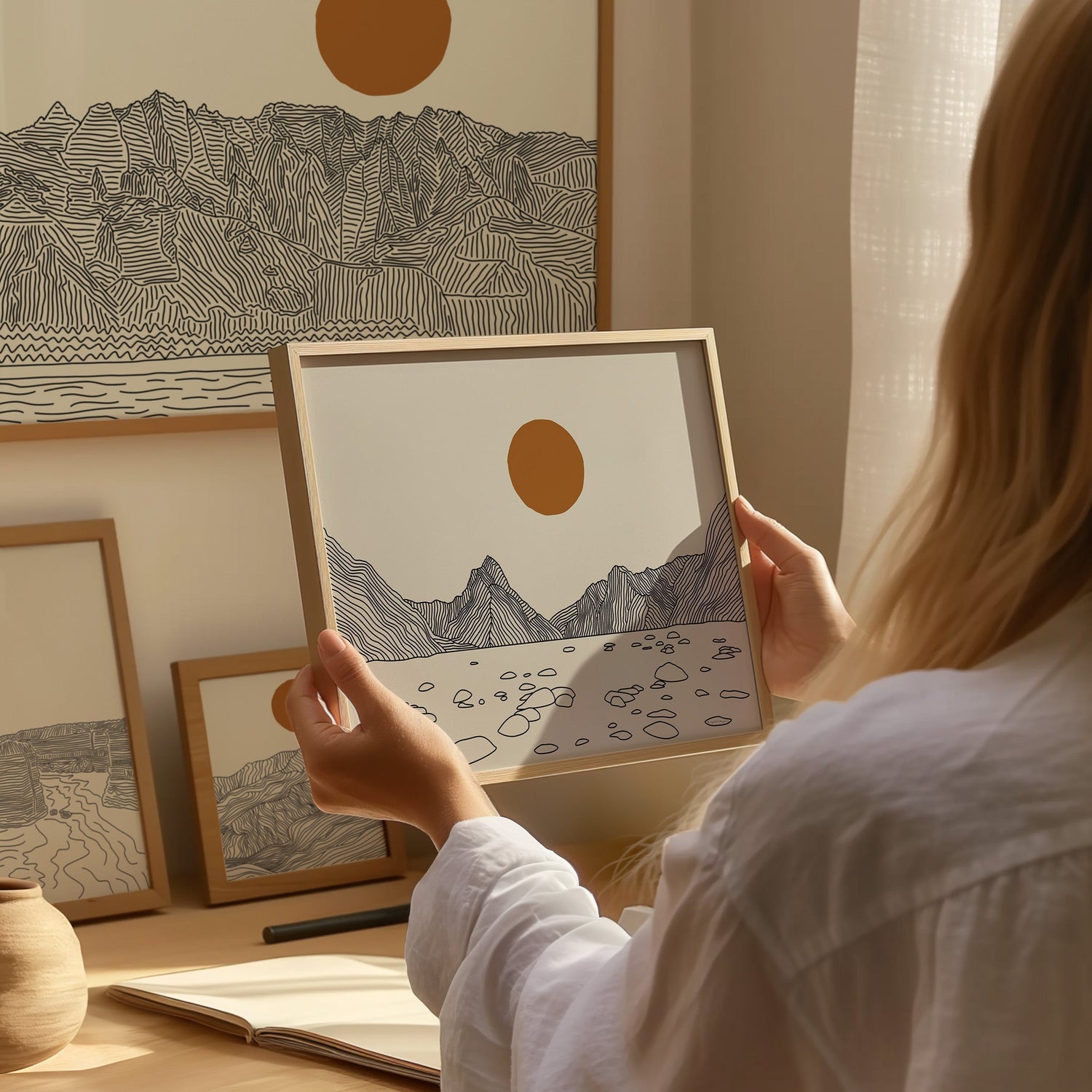 Lijntekeningen van iconische vakantiebestemming: Hawaii, Milford Sound, Great Ocean Road en Japanse Alpen. 