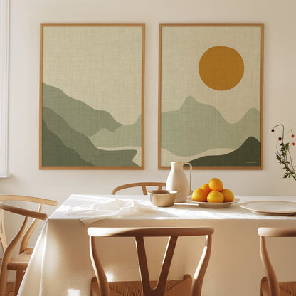 Tweeluik Linnen Look Poster: Bergen, Bergmeer en Zonsondergang