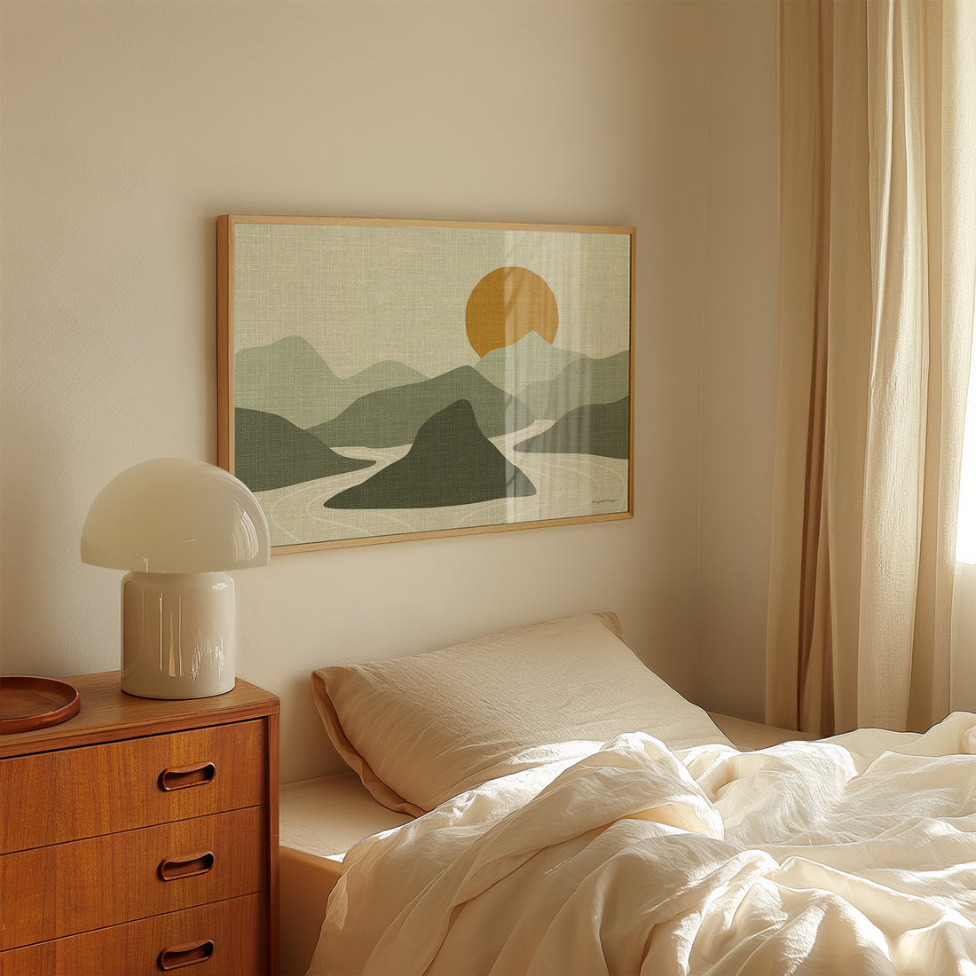 Linnen Look Poster Horizontaal met Zon, Bergen en Water