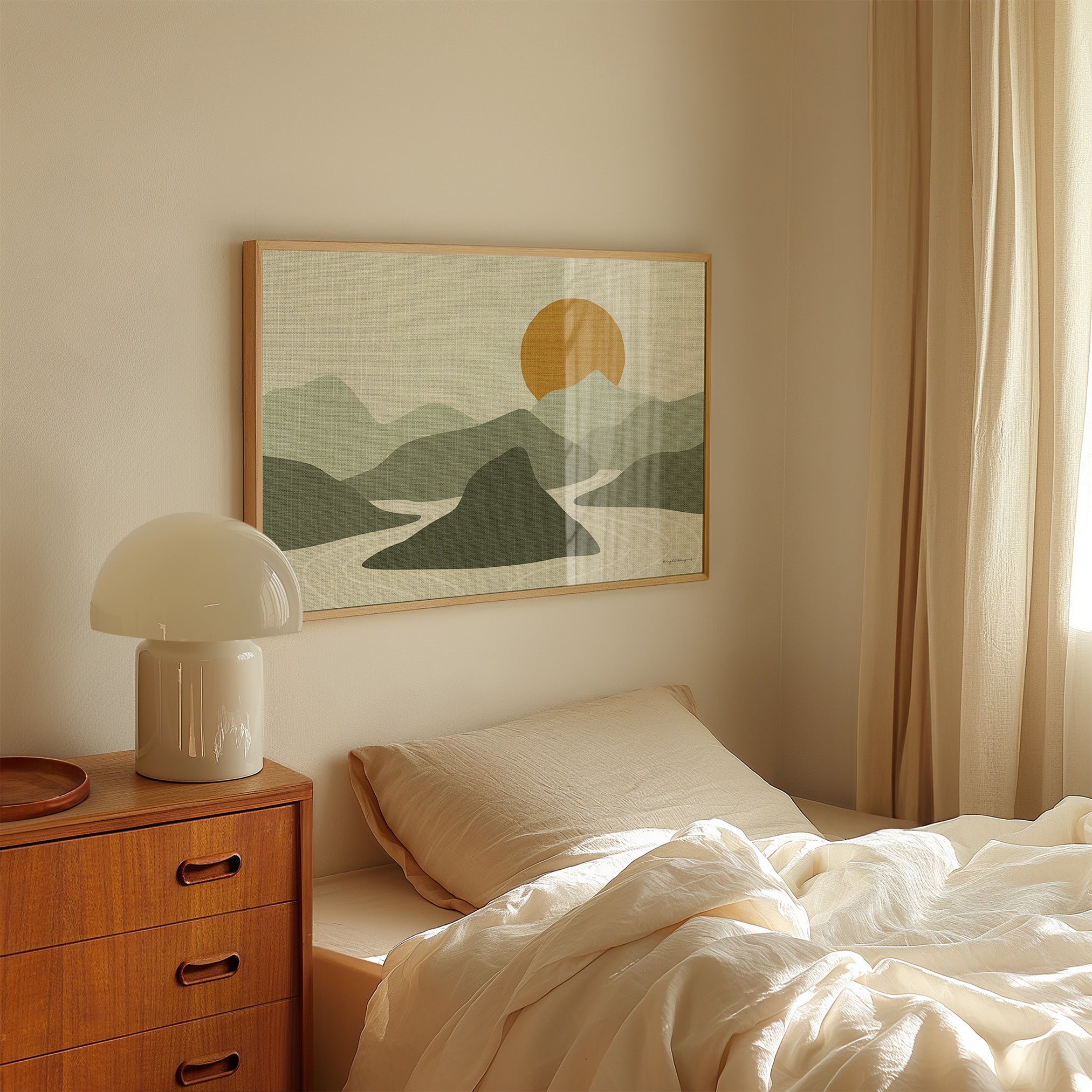 Linnen Look Poster Horizontaal met Zon, Bergen en Water