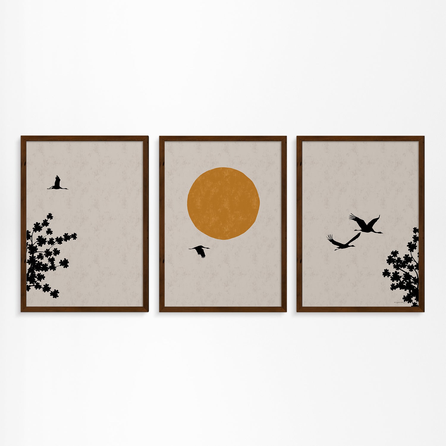 Japanese Spring: Crane and Blossom Tree Triptych Poster