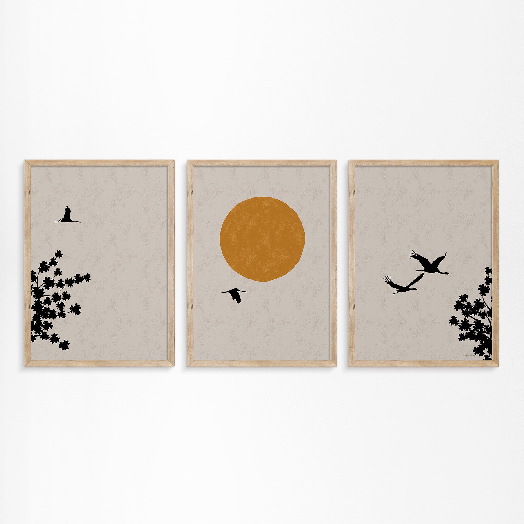 Japanese Spring: Crane and Blossom Tree Triptych Poster