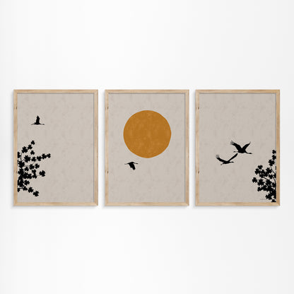 Japanese Spring: Crane and Blossom Tree Triptych Poster