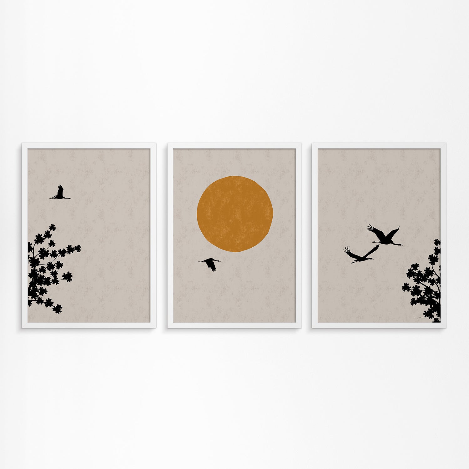 Japanese Spring: Crane and Blossom Tree Triptych Poster