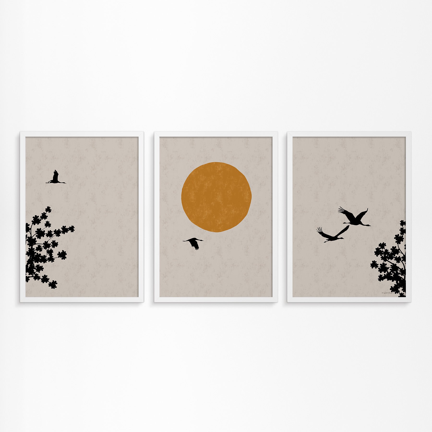 Japanese Spring: Crane and Blossom Tree Triptych Poster