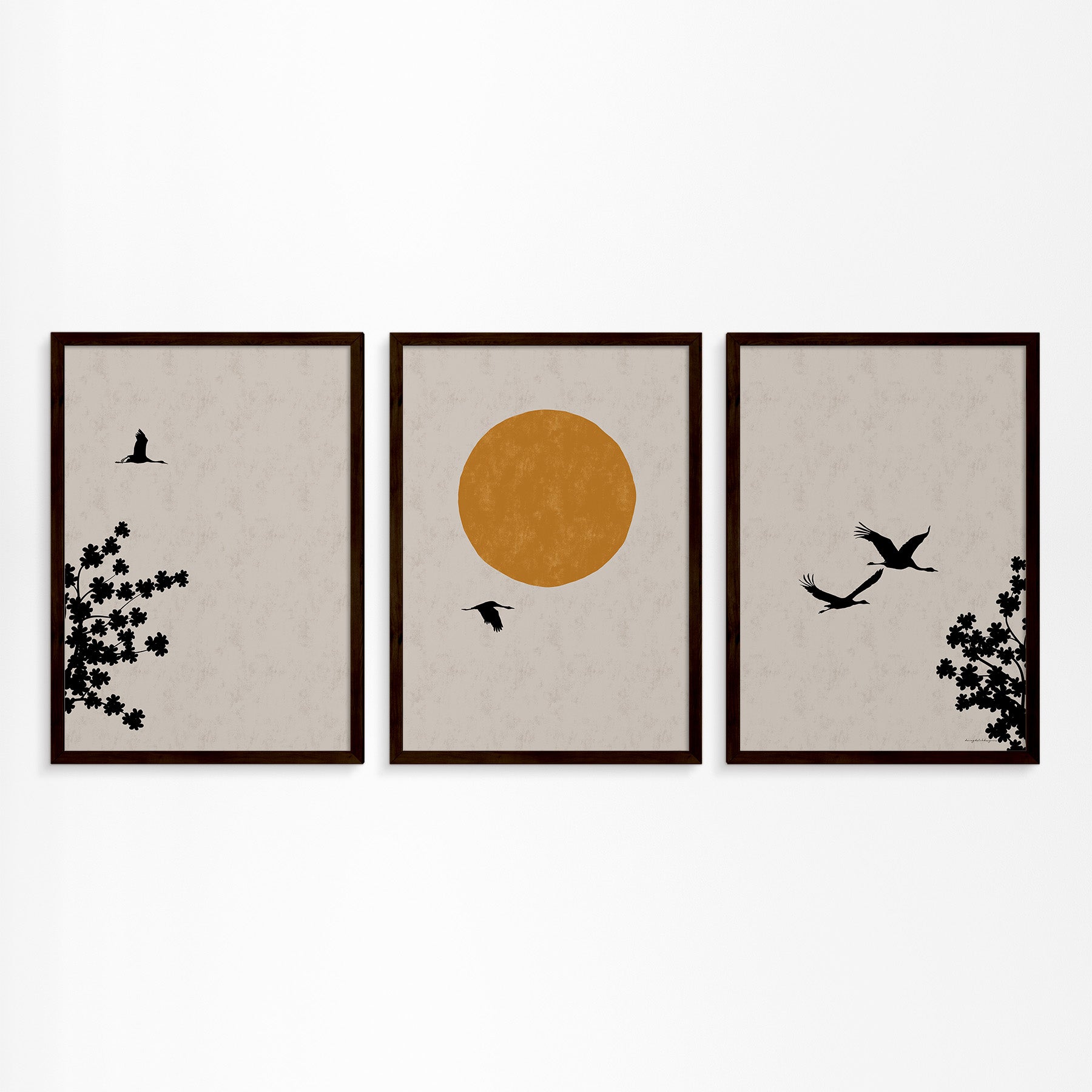 Japanese Spring: Crane and Blossom Tree Triptych Poster