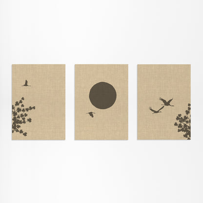 Linnen Look Japanse Lente: Kraanvogels en Bloesemboom Drieluik Poster