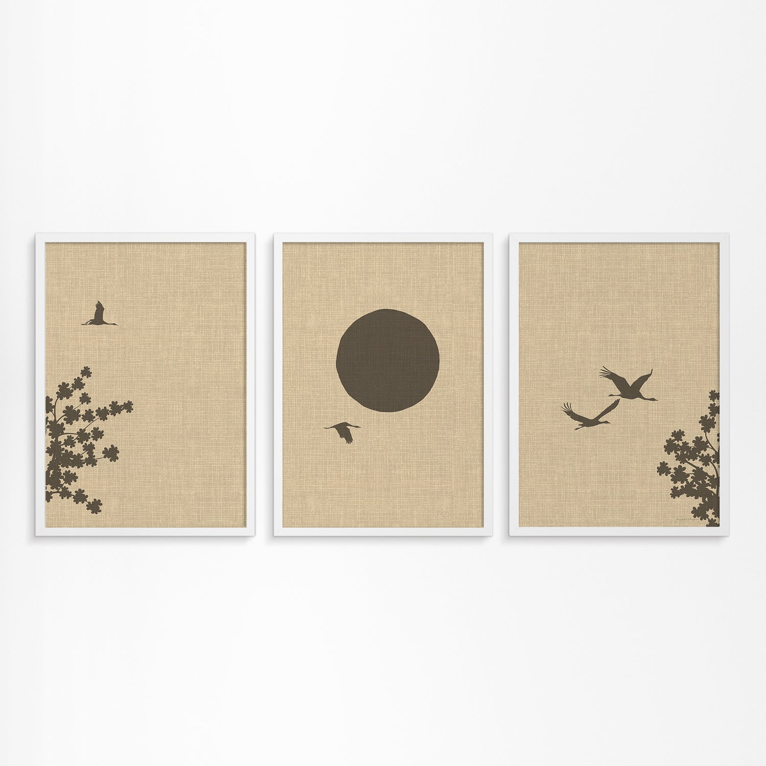 Linnen Look Japanse Lente: Kraanvogels en Bloesemboom Drieluik Poster