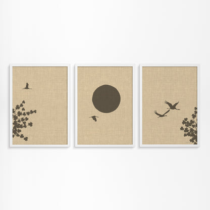 Linnen Look Japanse Lente: Kraanvogels en Bloesemboom Drieluik Poster