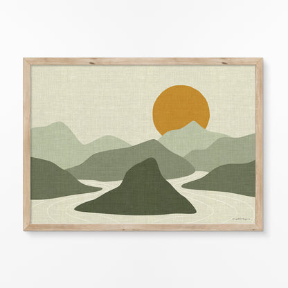 Linen Look Horizontal Poster with Sun, Mountains, and Water