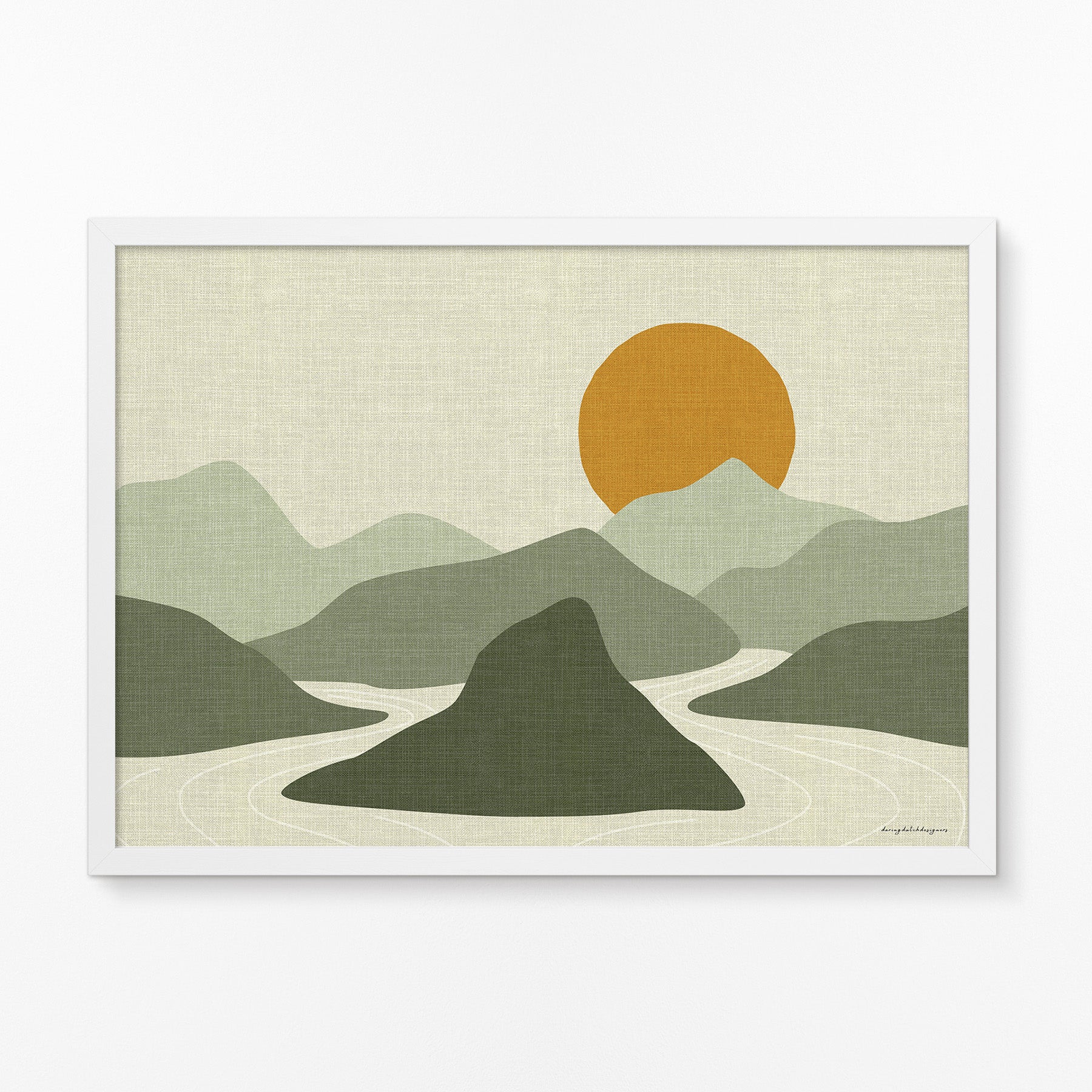 Linen Look Horizontal Poster with Sun, Mountains, and Water