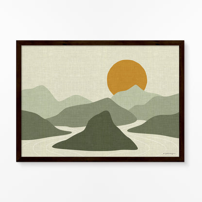 Linen Look Horizontal Poster with Sun, Mountains, and Water