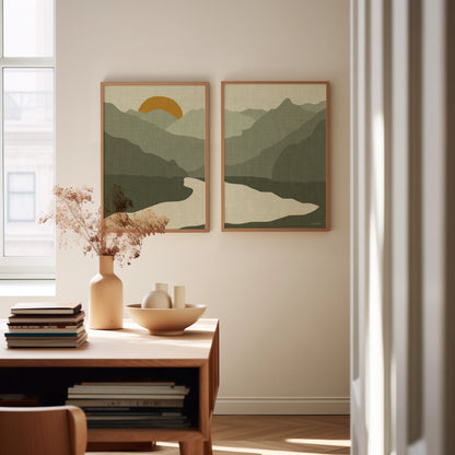 Linnen Look Tweeluik Poster: Bergmeer bij Zonsopkomst