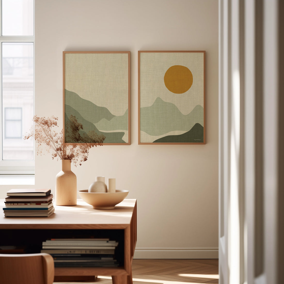 Tweeluik Linnen Look Poster: Bergen, Bergmeer en Zonsondergang